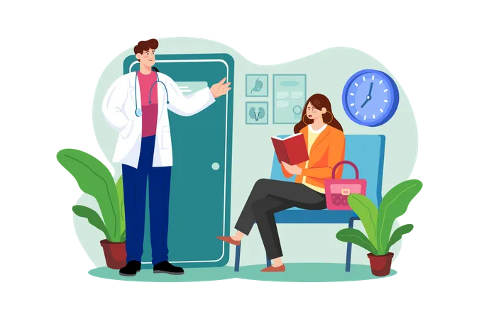 Female Patient Waiting For A Doctors Appointment Illustration