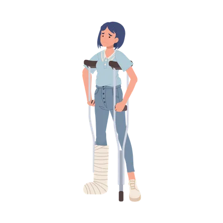 Female Patient With Leg Injury Using Crutches For Walking Support And Rehabilitation  Illustration