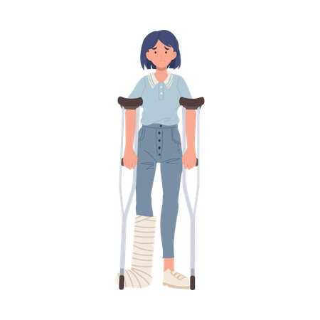 Female Patient With Leg Injury Using Crutches For Walking Support And Rehabilitation  Illustration