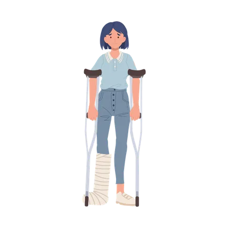 Female Patient With Leg Injury Using Crutches For Walking Support And Rehabilitation  Illustration