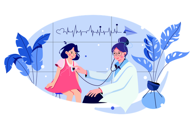 Female pediatrician carrying out the auscultation of a little girl with stethoscope Illustration