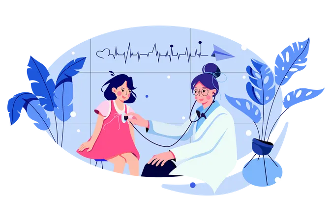Female pediatrician carrying out the auscultation of a little girl with stethoscope Illustration