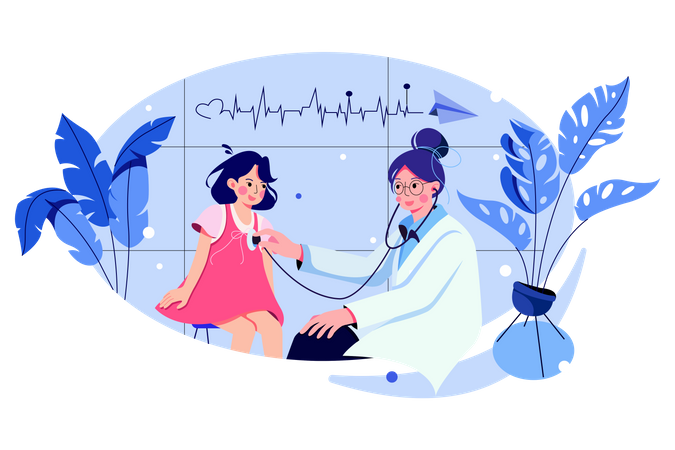 Female pediatrician carrying out the auscultation of a little girl with stethoscope  Illustration