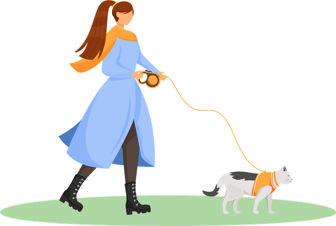 Female pet owner with kitten on leash Illustration