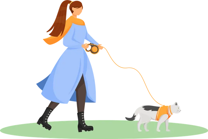 Female pet owner with kitten on leash  Illustration