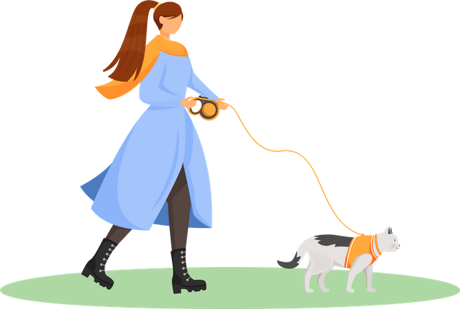 Female pet owner with kitten on leash  Illustration