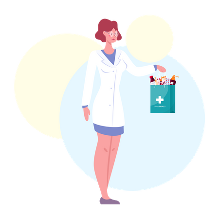 Female pharmacist holding bag Illustration