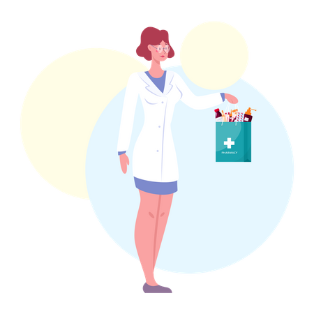 Female pharmacist holding bag  Illustration