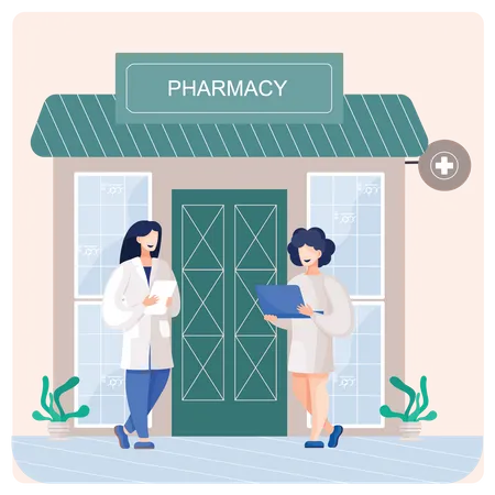 Female pharmacist holding medicine list  Illustration