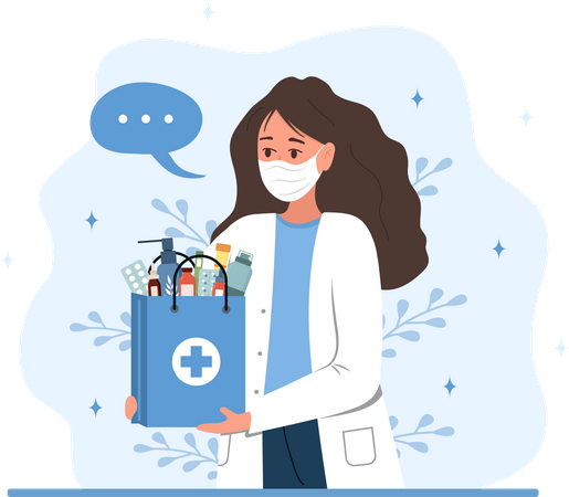 Female pharmacist in mask holding paper bag with drugs and pills Illustration