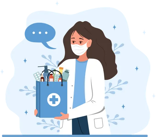 Female pharmacist in mask holding paper bag with drugs and pills  Illustration