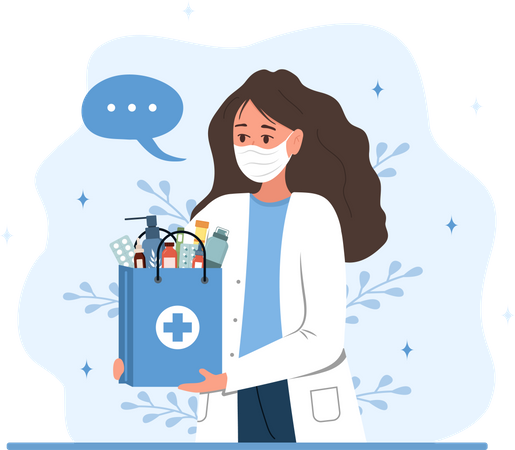 Female pharmacist in mask holding paper bag with drugs and pills  Illustration