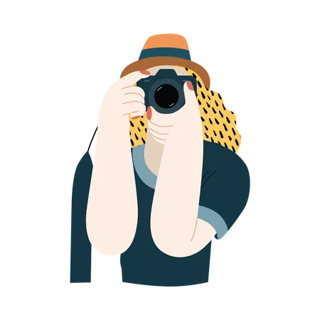 Female photographer clicking photo using camera  Illustration