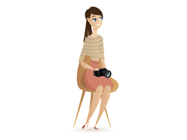 Female Photographer Holding Camera Sitting on Chair  Illustration