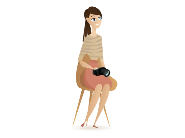 Female Photographer Holding Camera Sitting on Chair  Illustration