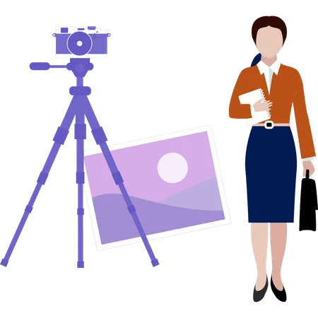 Female photographer with bag while standing with digital camera  Illustration