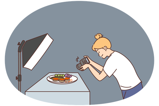 Female photographer with camera take pictures of food on plate in studio  Illustration