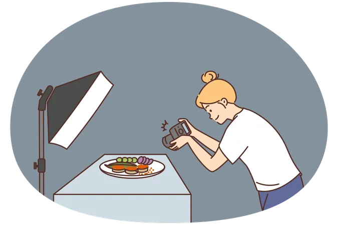 Female photographer with camera take pictures of food on plate in studio  Illustration