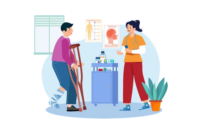 Female physical therapist helps patients recover from injury  イラスト