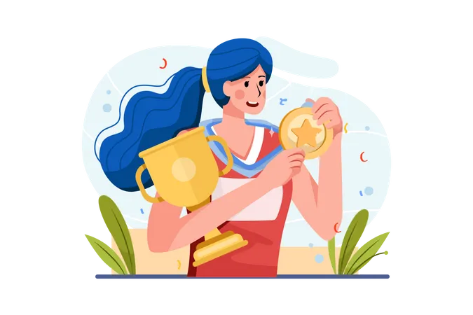 Female player won medal and trophy  Illustration