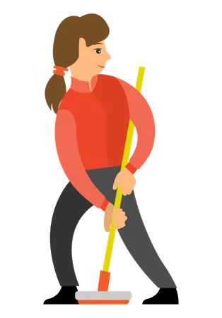 Female Shuffleboard Player Athletic Girl With Curling Broom In Red Shirt Vector Woman Playing Curling Using Special Bat Isolated Cartoon Character Illustration
