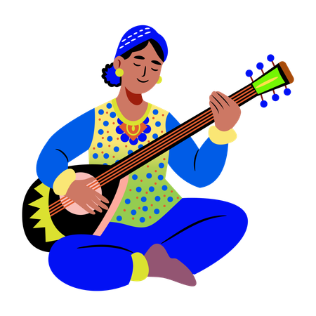 Female playing sitar  Illustration