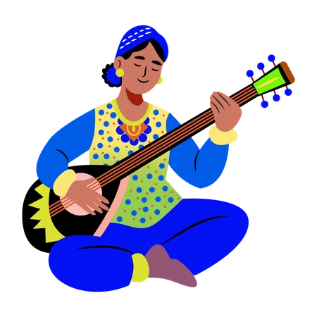 Female playing sitar  Illustration