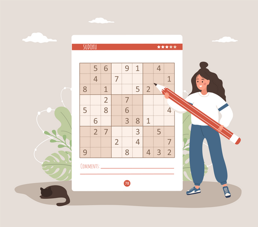 Female playing Sudoku game  Illustration