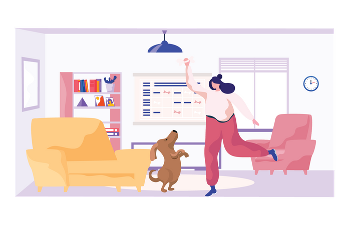 Female playing with dog at home  Illustration