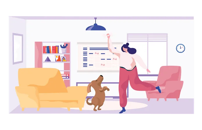 Female playing with dog at home  Illustration