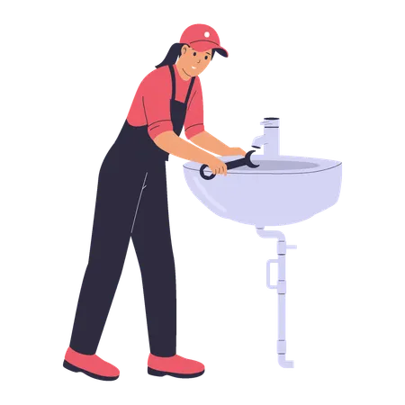 Female Plumber Fixing Sink  Illustration