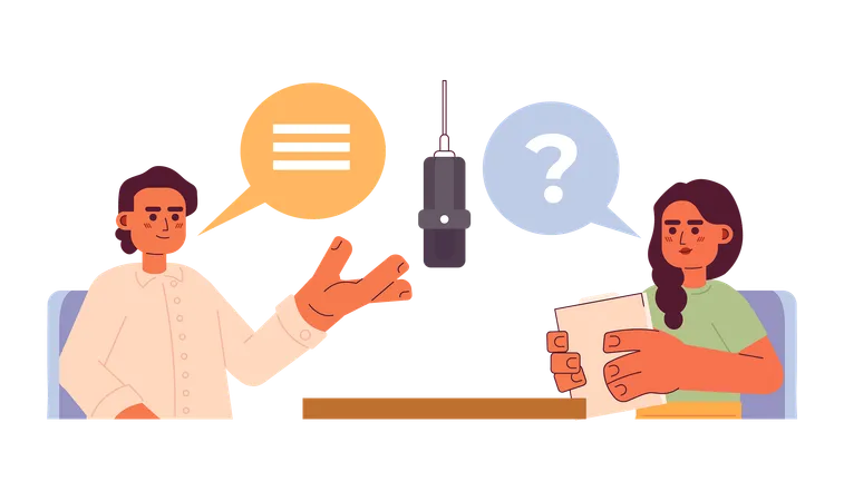 Female Podcast Host Interviewing Guest Man 2 D Cartoon Characters Questions Asking Podcasters Indian Isolated Vector People White Background Radio Show On Air Color Flat Spot Illustration Illustration