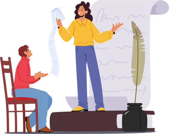 Poet Girl Reading Poem To Listener Inspired Creative Female Character Presenting Poetries On Event For Artists In Room With Paper Scroll Feather Pen And Inkwell Cartoon People Vector Illustration Illustration