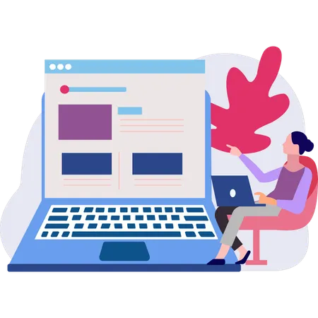 Female pointing at online document on laptop  Illustration