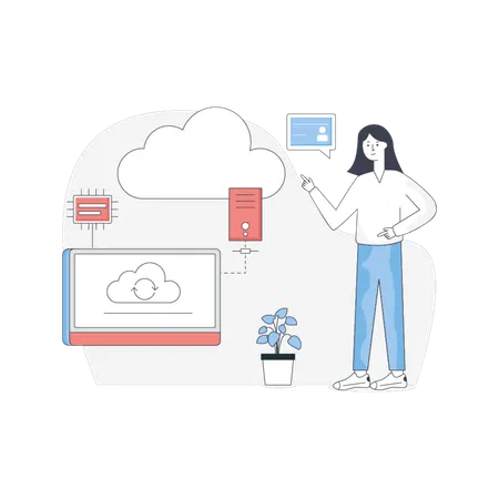 Female  pointing cloud services  Illustration
