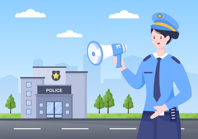 Female police officer holding megaphone  Illustration