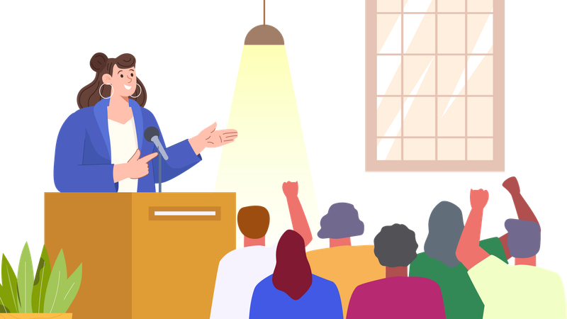 Female politician leader giving political speech  Illustration