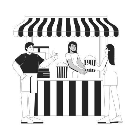 Female popcorn vendor serving customers at striped awning stand s  Illustration