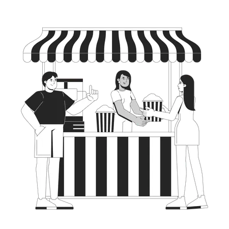 Female popcorn vendor serving customers at striped awning stand s  Illustration