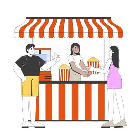 Female popcorn vendor serving customers at striped awning stand s  Illustration