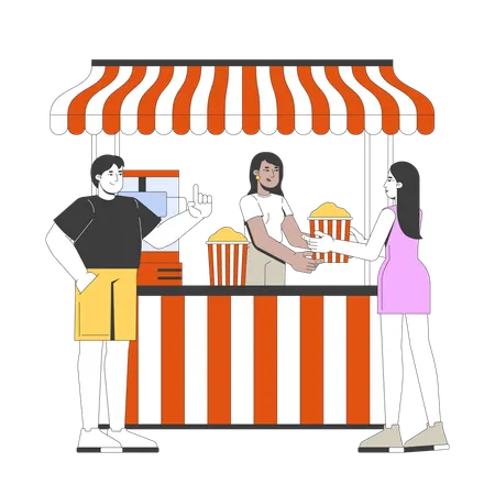 Female popcorn vendor serving customers at striped awning stand s  Illustration