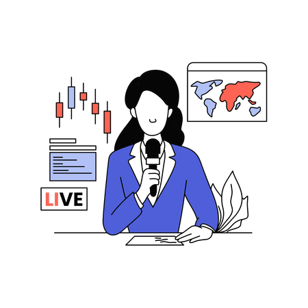 Female presenter delivers breaking financial news with world map and stock chart  Illustration