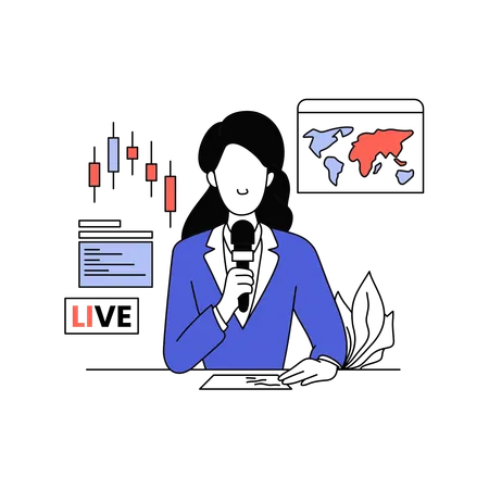Female presenter delivers breaking financial news with world map and stock chart  Illustration