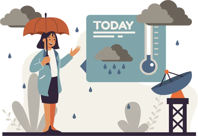 Female presenter informs current rainfall  Illustration