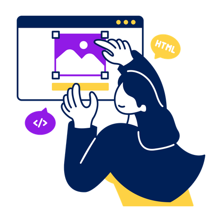 Female programmer arranging image layout on website  Illustration