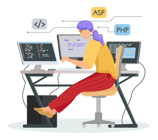 Programmer Engineering And Coding Programmer Working On Code For Web App Development On Computer Concept Of Script Coding And Programming In Php Javascript Python Languages Software Developers Illustration