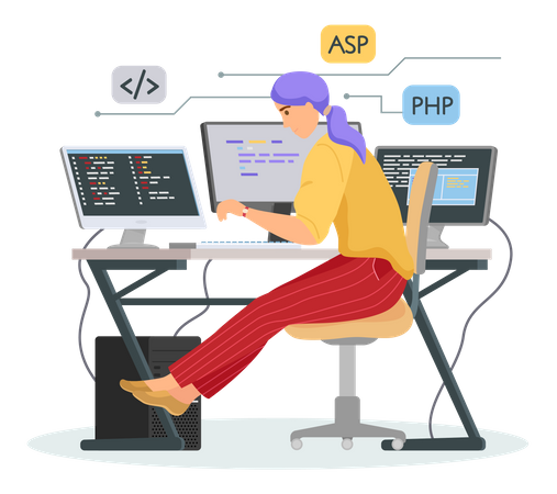 Female programmer working on computer  Illustration