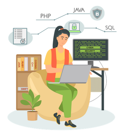 Female Programmer working on web development on computer Illustration