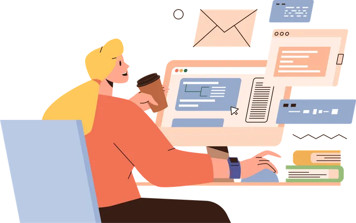 Business Woman Programmer Working Online Female Smm Manager Freelancer Engaged In Mailing Software Developer Using Free Internet Coding Services On Computer Self Employed Worker Vector Illustration イラスト