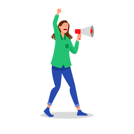 Female protester screaming into megaphone  Illustration